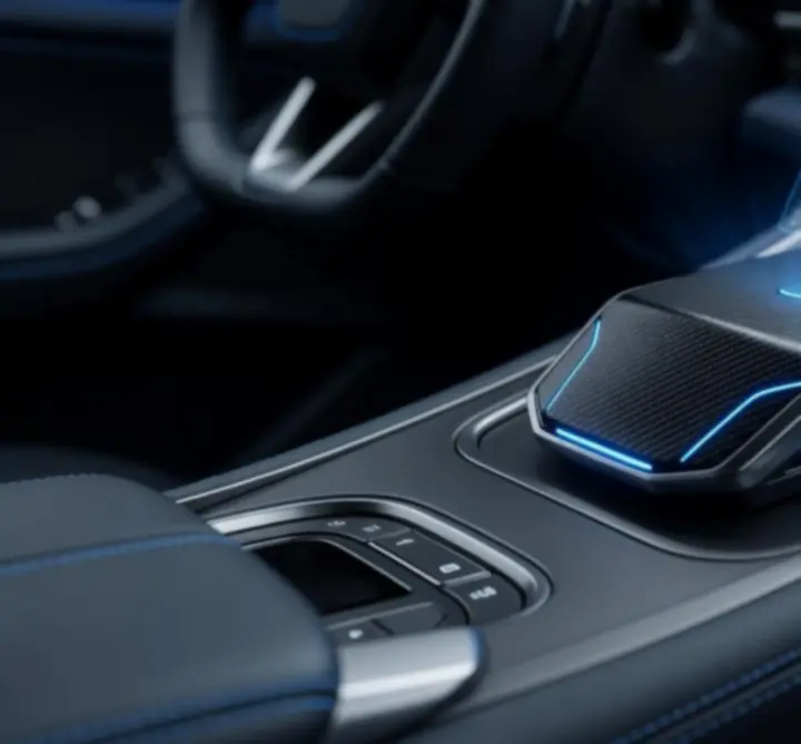 Nowoczesny gadżet samochodowy z niebieskim podświetleniem LED w kokpicie