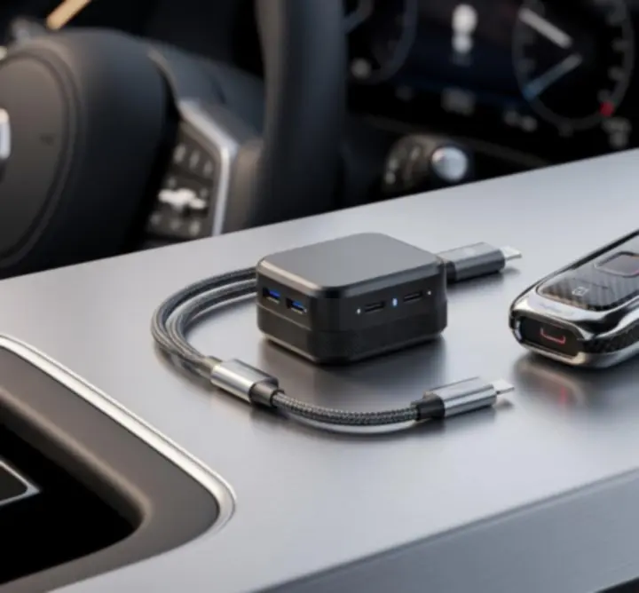 Wybrane premium gadżety samochodowe Drive Aura prezentowane w nowoczesnym układzie