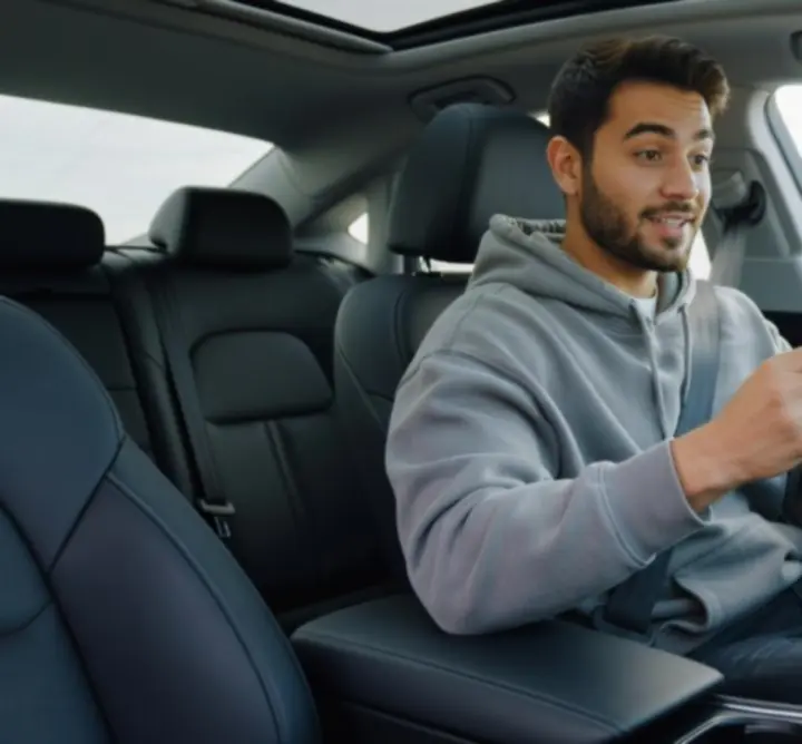 Użytkownik nagrywający wideo-recenzję akcesorium samochodowego Drive Aura w aucie