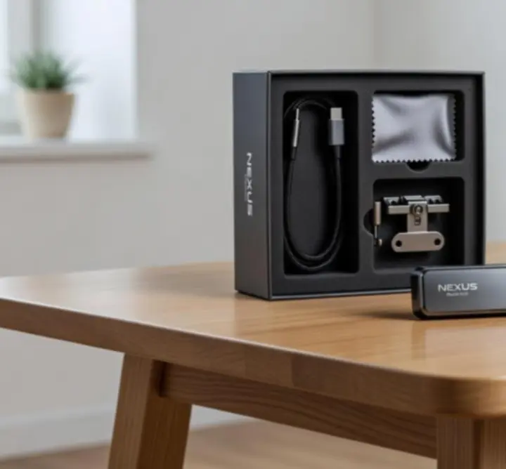 Zbliżenie na elegancki wideorejestrator samochodowy Drive Aura ustawiony w nowoczesnym wnętrzu